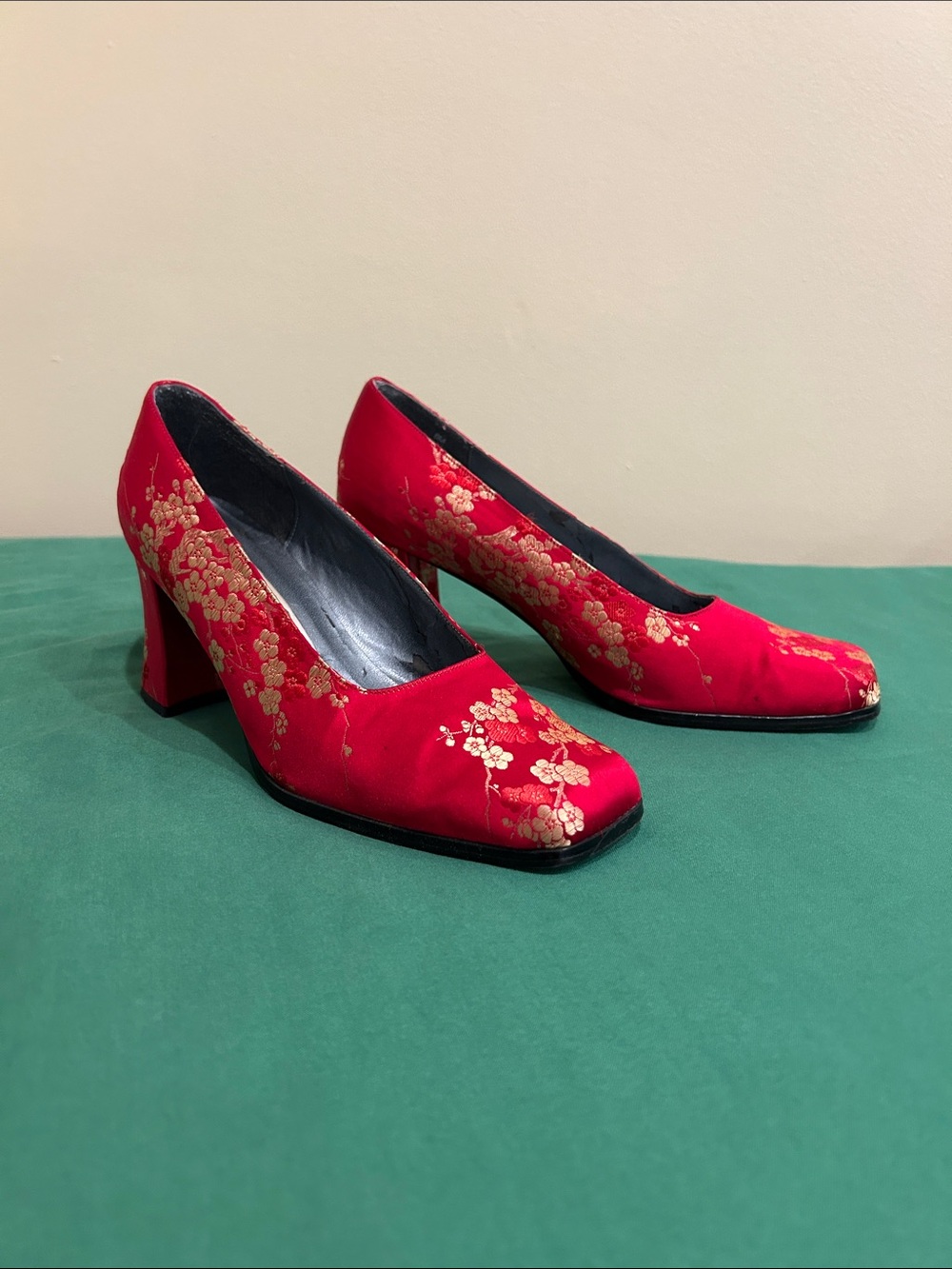 Impo Red Satin Pumps with Gold Floral Embroidery Asian Chinese New Year flowers
